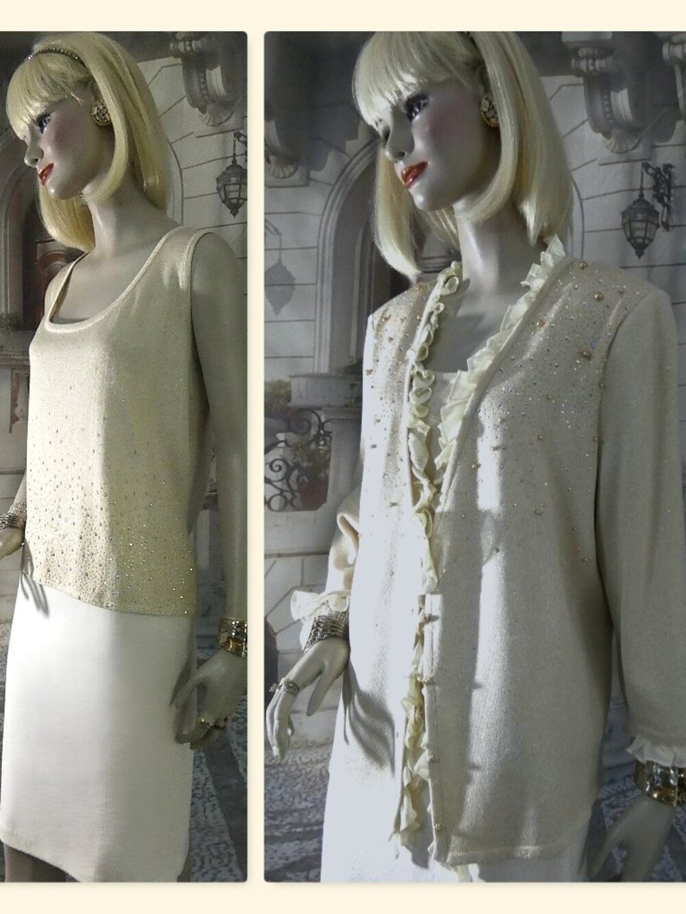 St. John Suit 3 Pcs Sparkling Special Events Ivory Sz 14 Jkt Silk Trim Top & Skt